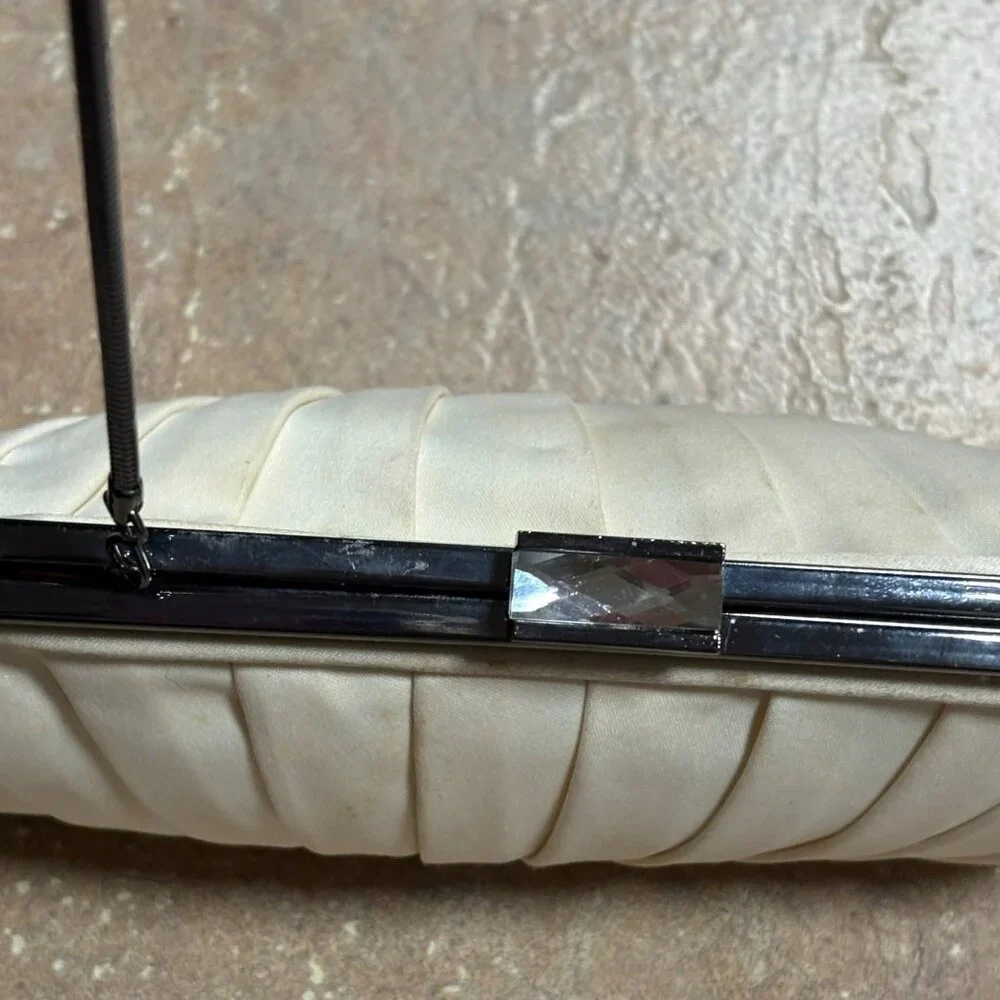 Vintage Kate Landry Pleated Satin Clutch Silver Chain Strap & Rhinestone Clasp - Picture 11 of 16